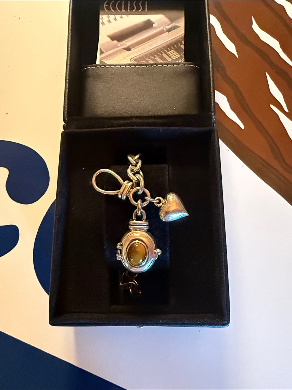 Ecclissi Silver Tigers Eye stone  Charm Watch with Heart Accent